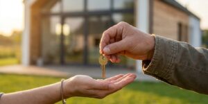 Schlüsselübergabe vor einem neu gebauten Einfamilienhaus