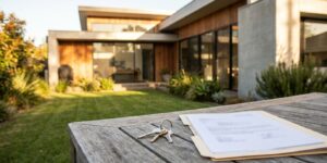 Modernes Einfamilienhaus mit Schlüssel und Finanzierungsunterlagen